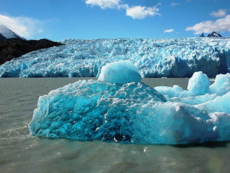Glistening blue ice floes at Grey Glacier, Patagonia, Chile