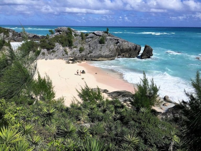 A view of beautiful Horseshoe Bay with pink sand, taken from above, Bermuda