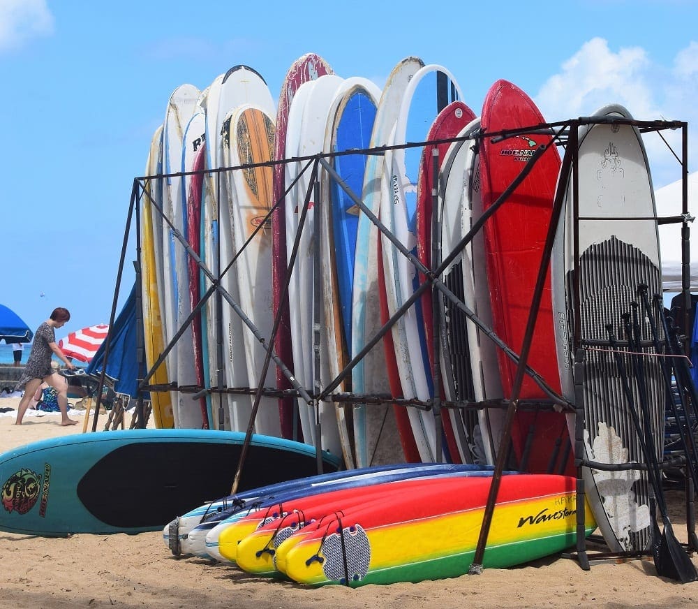A rack of surfboards On Waikiki Beach, Hawaii