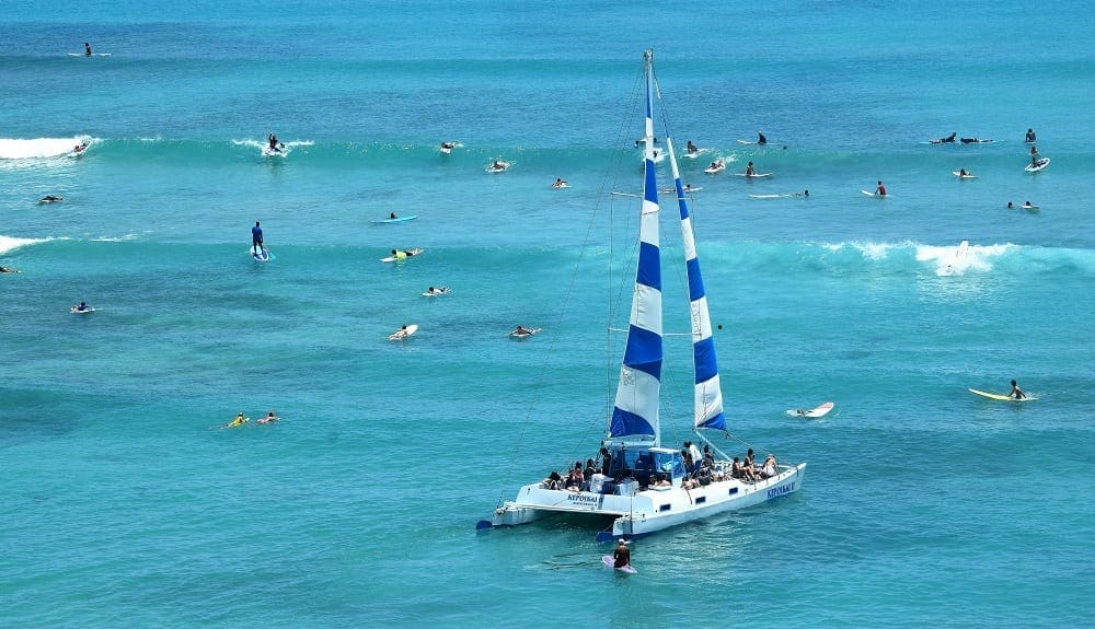 Catamaran on the water at Waikiki Bay, Hawaii