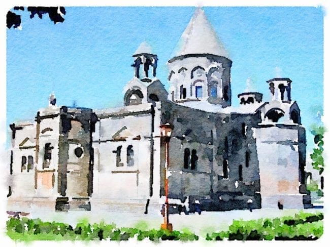View of ancient Etchmiadzin Cathedral in Armenia - three small towers and one large one