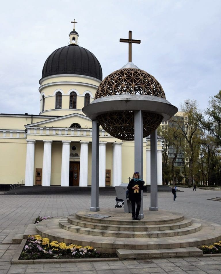 Sue in front of Chisinau Cathedral Moldova