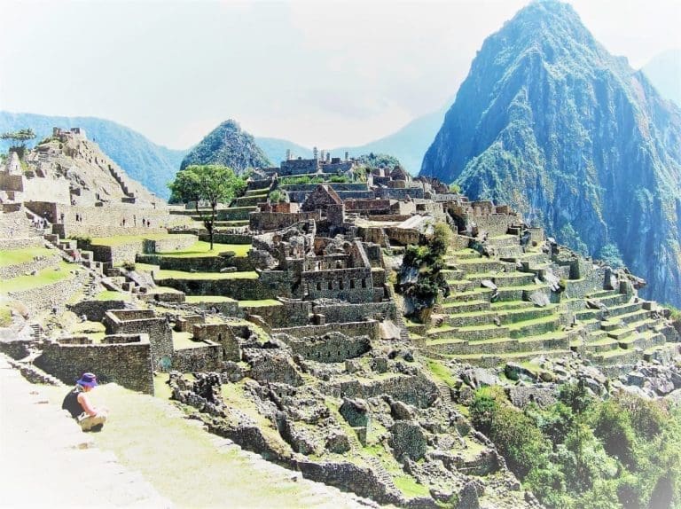 Panoramic view of the site of Machu Picchu, tall peak to the right