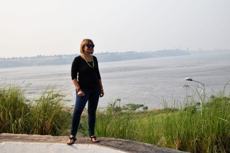Sue on the banks of the Congo River near Kinshasa, DRC