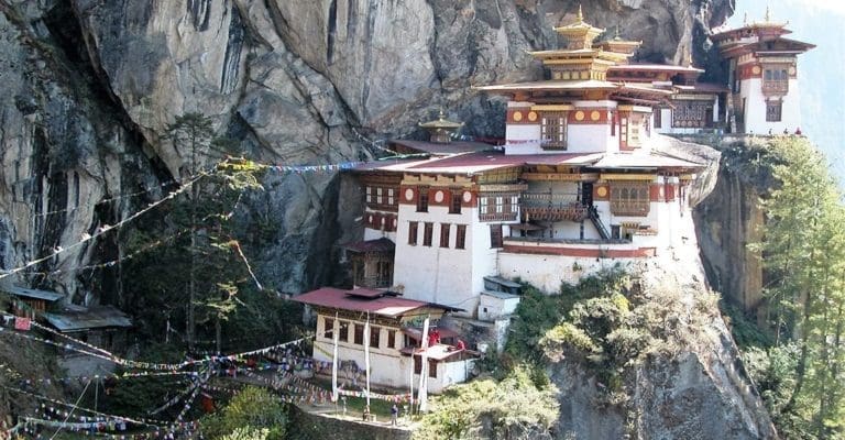 Tiger's Nest Monastery perched on the side of a cliff in Bhutan