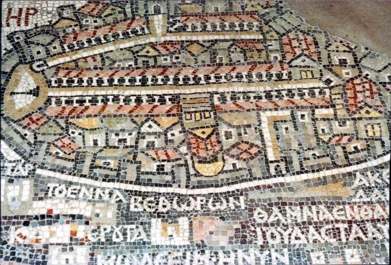 A mosaic map of 6th century Jerusalem found under the floor of St George's Church in Madaba, Jordan.