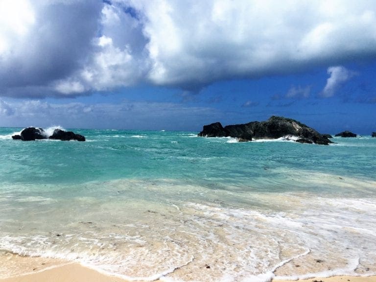 Waves lapping rocks in the ocean at Bermuda