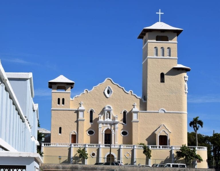 The beige and white trimmed Roman Catholic Cathedral of Saint Theresa of Lisieux, on Cedar Avenue and Elliott Street in Hamilton, Bermuda