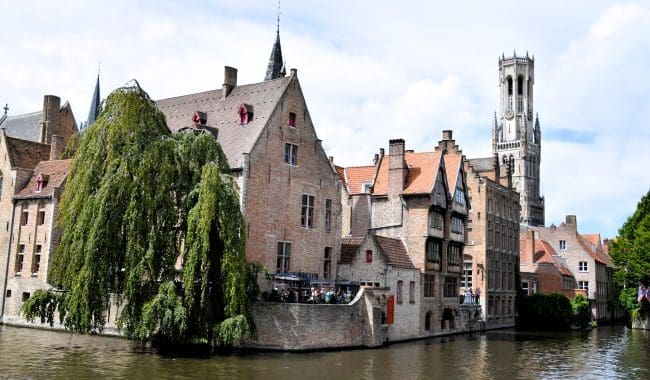 The peaceful Dijver canal in Bruges lined with historic medieval brick buildings, a cascading weeping willow tree, and the towering 83-meter-tall Belfry of Bruges rising in the background.