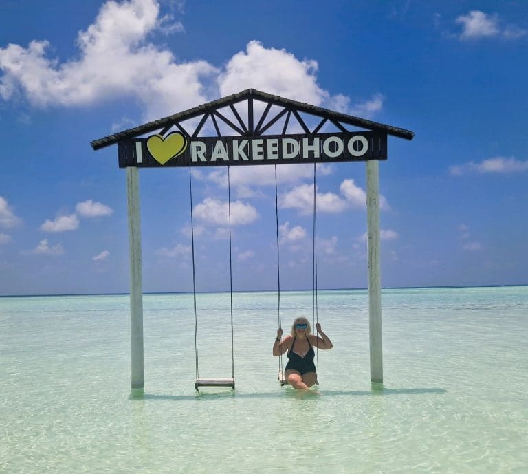 Sue on the swing at the beach by the Rattehi Inn, Rakeedhoo Island, Maldives